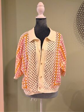 Crochet Knit Polo Cardigan Pink Orange Cream Granny Square Button Up M/L